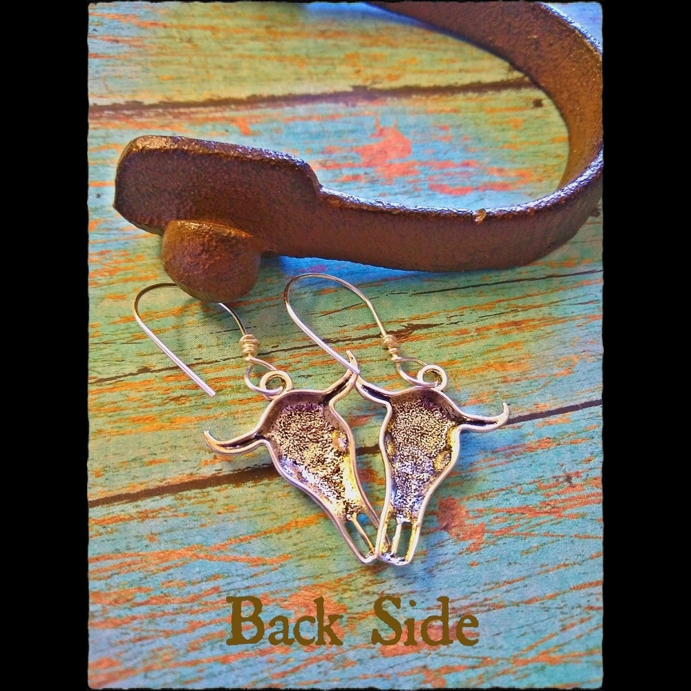 Wild West Silver Longhorn Steer Skull Earrings - Picture 4 of 7
